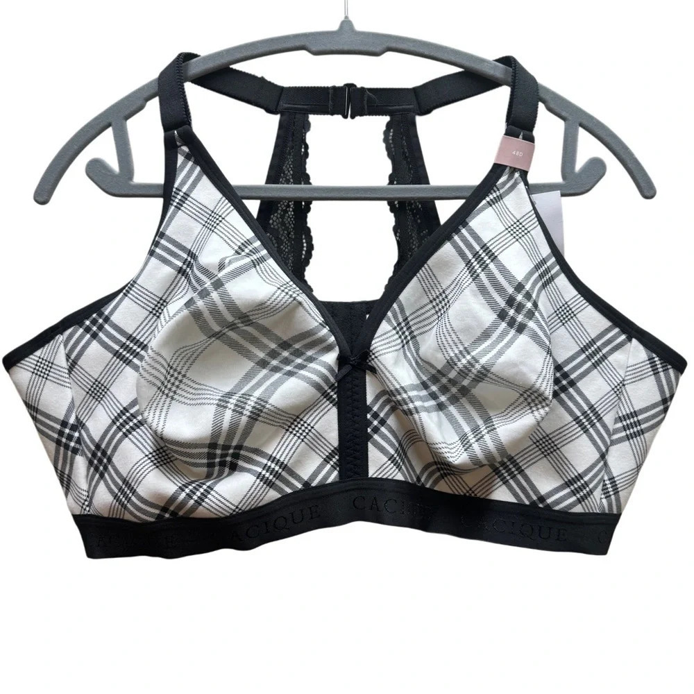 {Cacique} "Cotton Unlined No-Wire Bra Lace Trim in White Plaid" Full Coverage